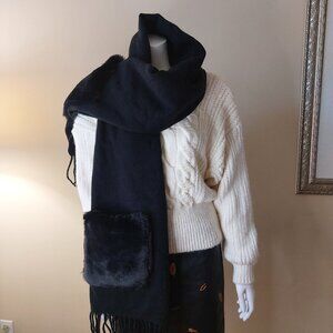 Cozy Black Winter Scarf with Faux Fur Pockets
